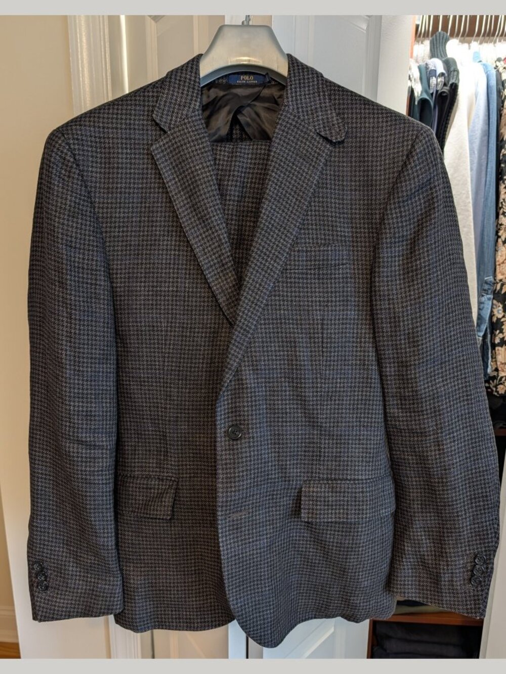 Polo Ralph Lauren Gray Houndstooth Windowpane 100% Linen Suit Side Adjusters 42R